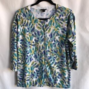 East Fifth Petite blue, green, white print button-down 3/4-sleeve sweater, PL